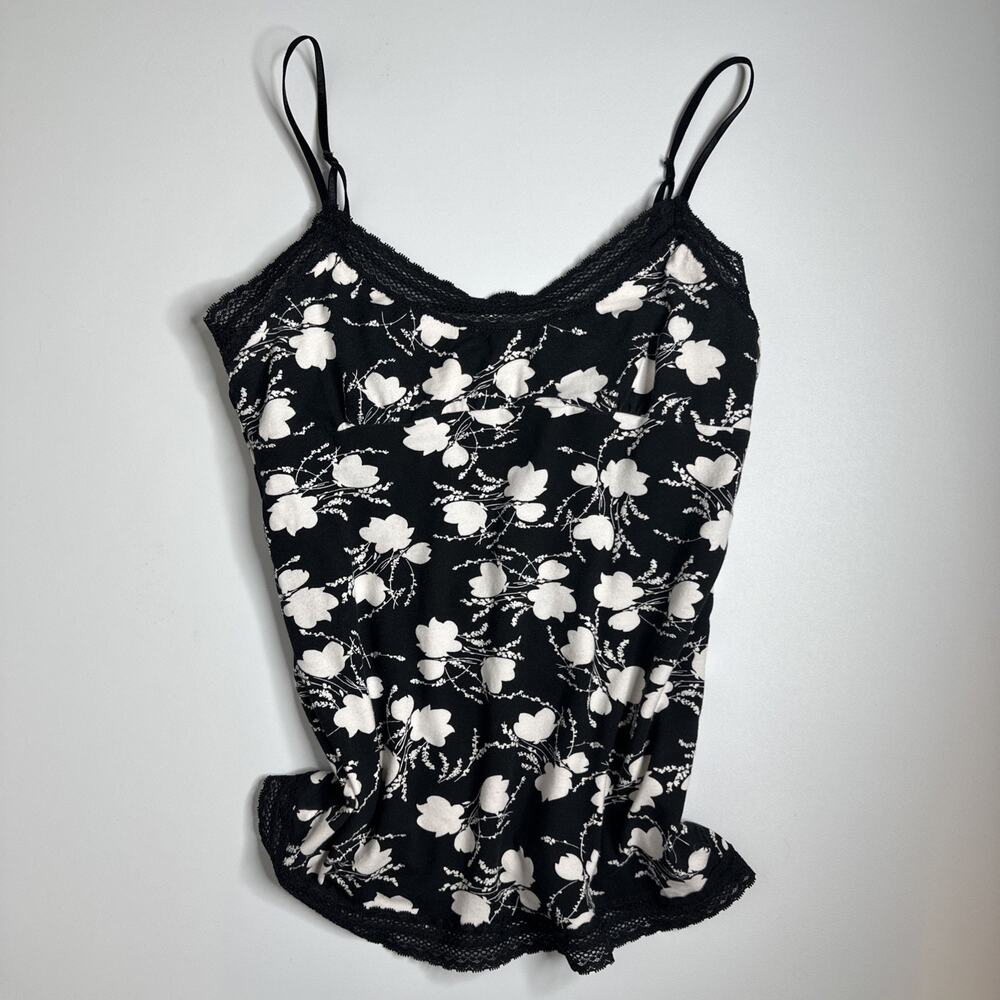 American Eagle Babydoll Black White Floral L Cami Top Lace Trim Built in Bra